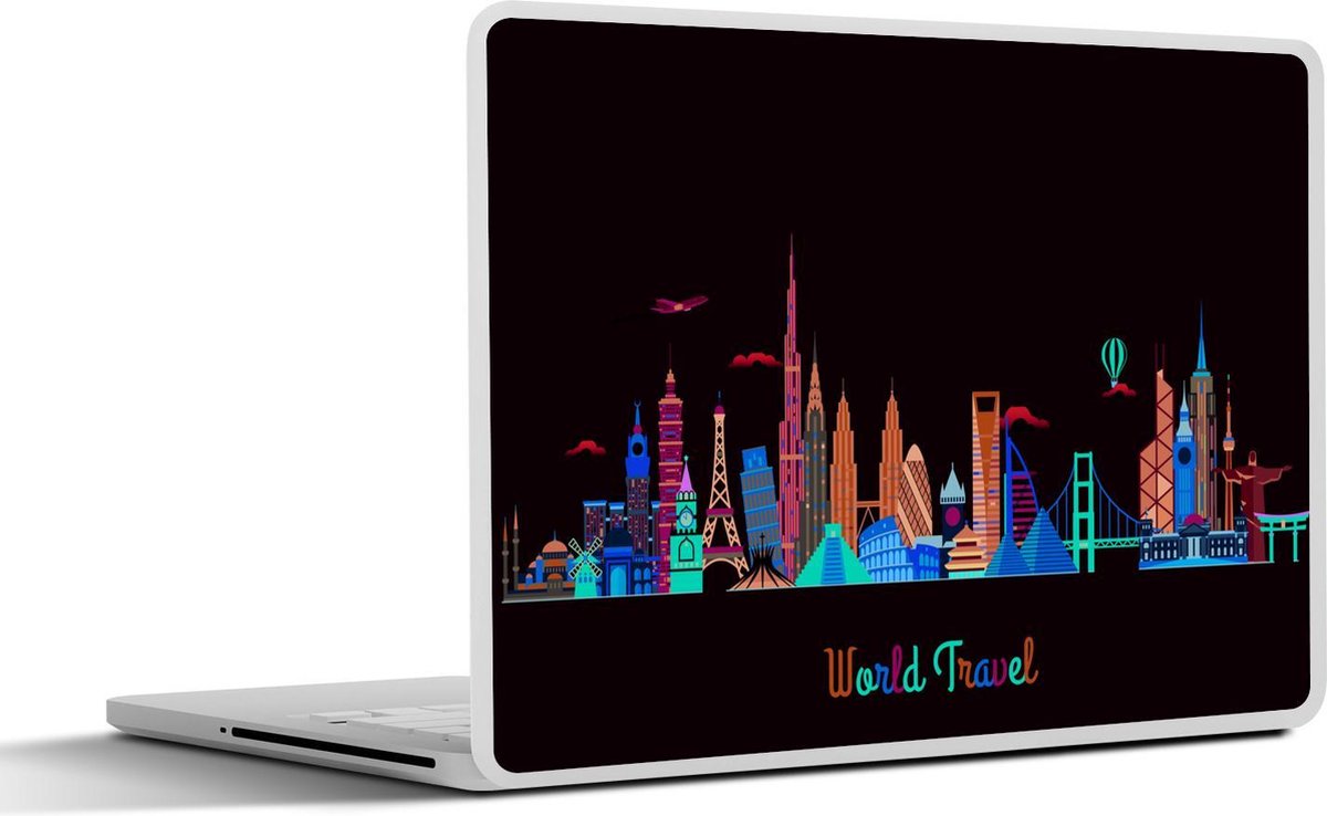 Laptop sticker - 10.1 inch - Illustratie van een gekleurde skyline 'World travel' op een lichtgroene achtergrond