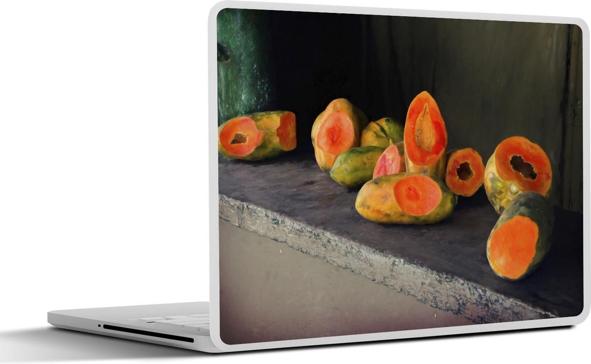 Laptop sticker - 10.1 inch - Aantal papaja vruchten op een donkere stenen plaat