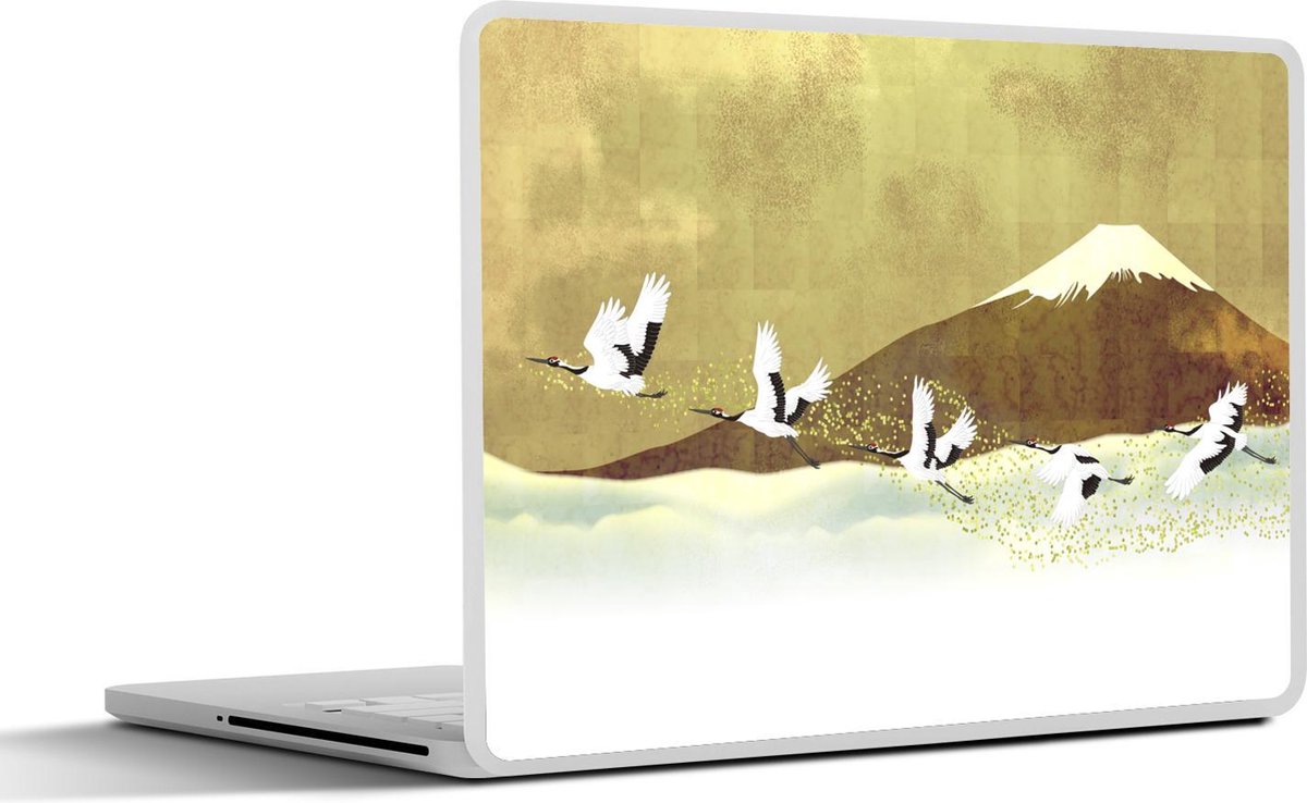 Laptop sticker - 10.1 inch - Illustratie van een groep vliegende Chinese kraanvogels beige achtergrond met een berg