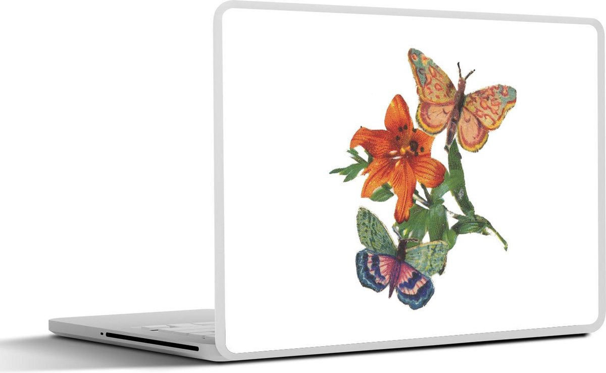 Laptop sticker - 10.1 inch - Illustratie van twee vlinders op een oranje bloem