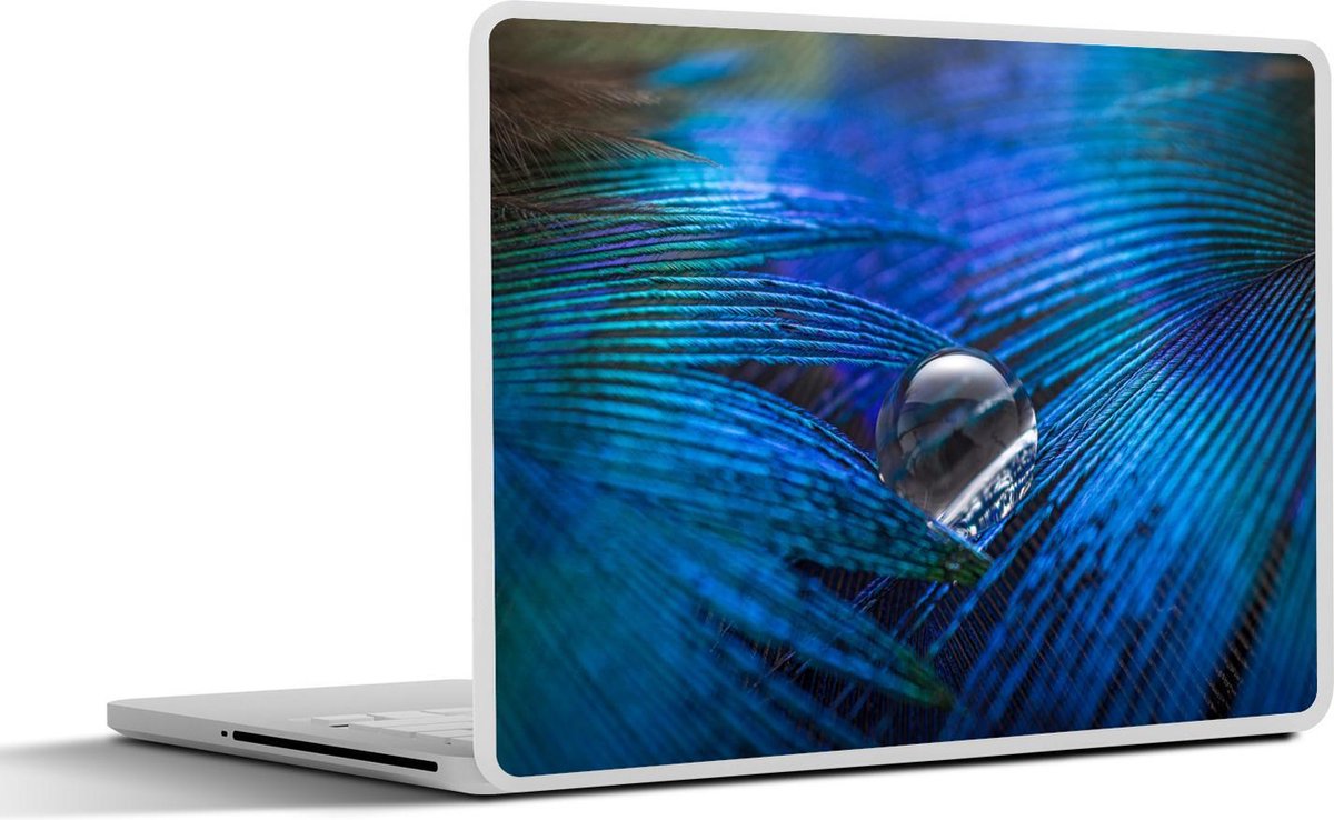 Laptop sticker - 10.1 inch - Achtergrond van blauwe veren met een waterdruppel