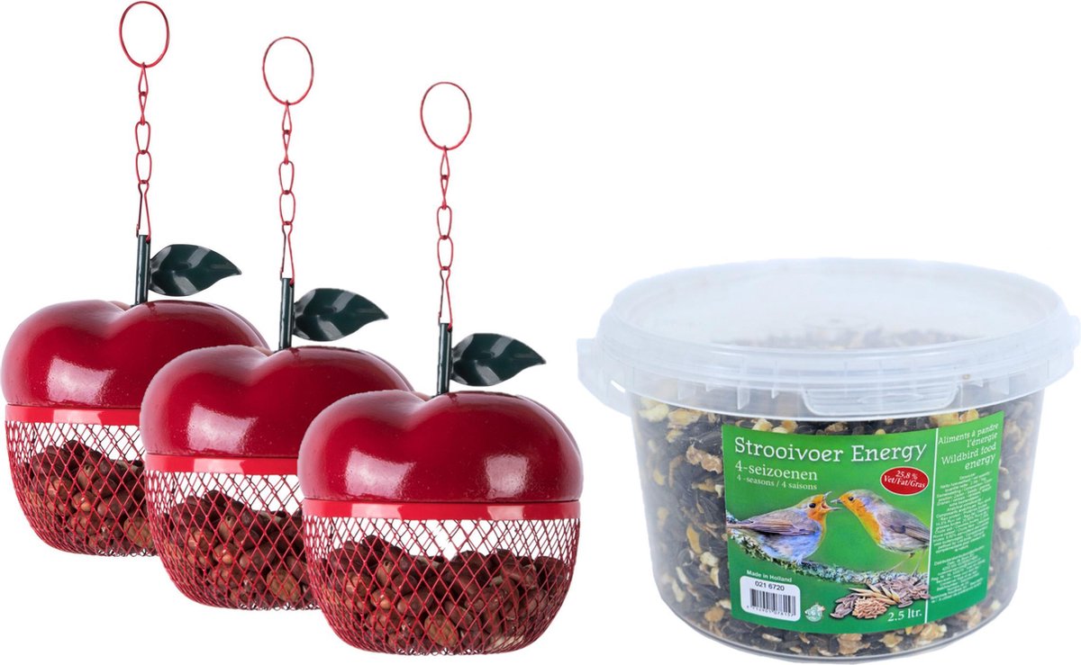 3x stuks metalen vogel voederhangers appelvorm 14 cm met 4-seizoenen vogel strooivoer 2