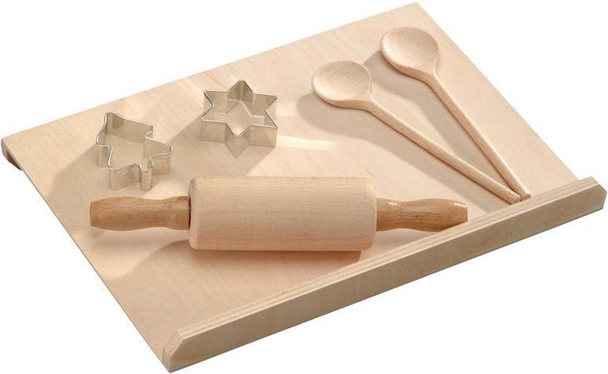 6-Delige FSC® Beuken Houten Kinderbakset | Taart / Gebak Bak Set voor Kinderen | Bak Rol Plaat