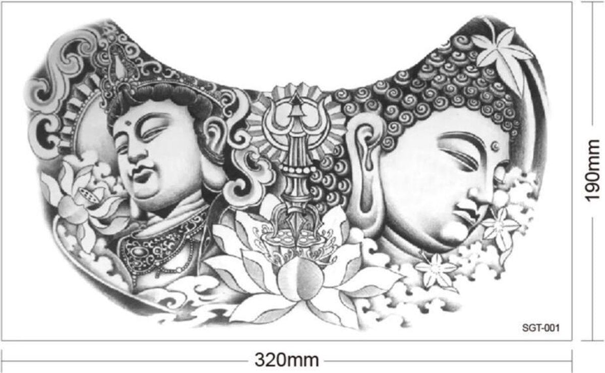 Borst tattoo two buddhas - plaktattoo - tijdelijke tattoo - 32 cm x 19 cm (L x B)