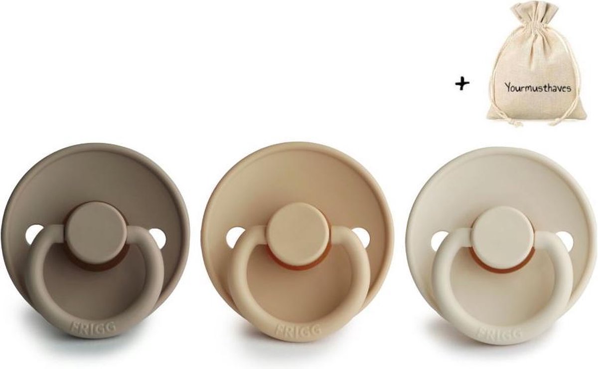 FRIGG | Fopspeen set 3 stuks | T1 | 0-6 maanden | Classic | Silicone | Portobello + Croissant + Cream | Met YOURMUSTHAVES speenzakje