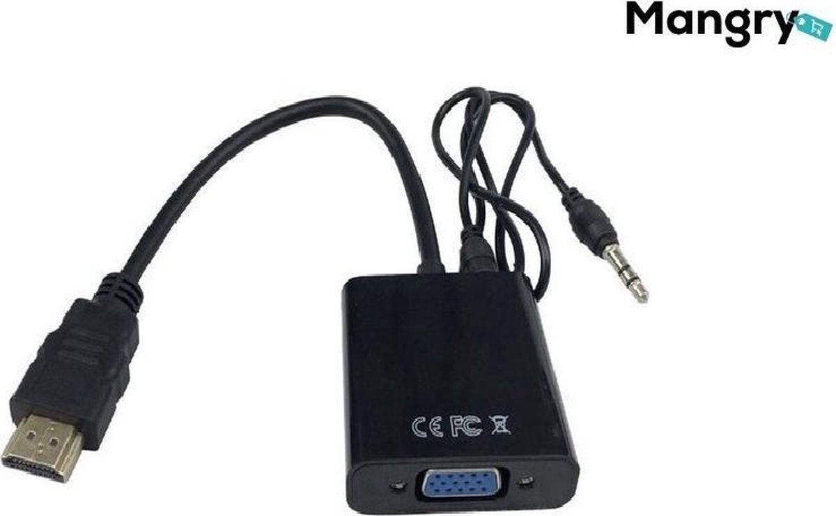 Universele HDMI Naar VGA Adapter Converter - Met 3.5MM Jack Aux & USB Voeding Kabel - Analoog Naar Digitaal Video Omvormer - Male To Female - 1080P Full HD - Zwart - Mangry