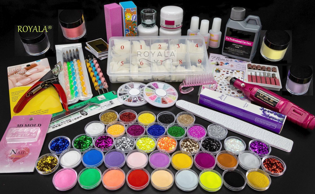 Acrylnagels Starters Pakket B+ incl. Elektrische Nagelfreesmachine | 77 delig | 46 Colors | Acryl Nagels set | Acryl Starter Kit | Nail Art | 500 Franse Nageltips | Manicure Set voor Nail Art Kit | Nagel Decoratie | Acryl Poeder
