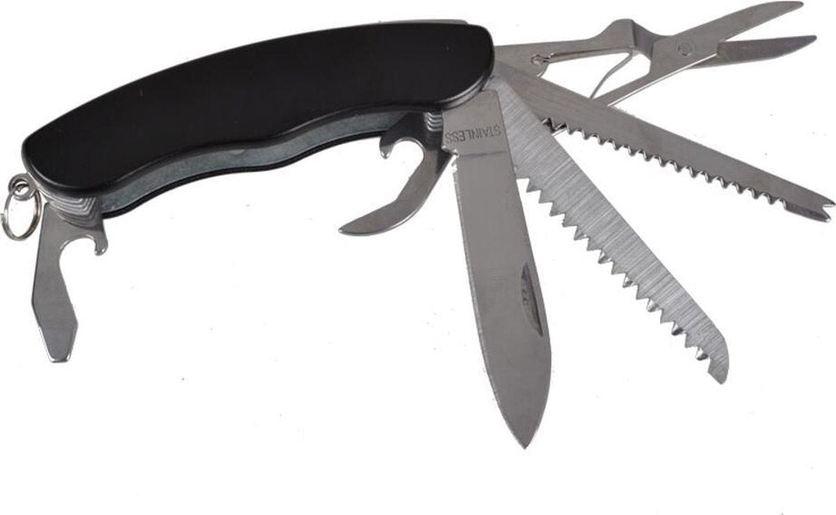 BiggOutdoor multifunctioneel zakmes | 8 functies | Roestvrij staal | Aluminium behuizing | Schaarzaag Flessenopener Kenmerken | Ring voor sleutelhanger | 9