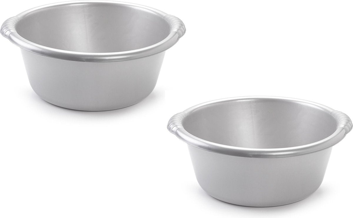 2x stuks afwasteil/afwasbak rond zilver 10 liter - camping/handwas - multi-functionele teiltjes