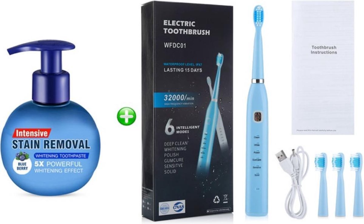 Edoir Teeth Whitening Set - Tandpasta Met Elektrische Tandenborstel - Natuurlijke Teeth Whitening - Tanden Bleken - Whitening Toothpaste - Vlekkenverwijderaar Tandenborstel - Bosbes - Blauw