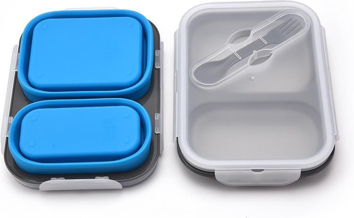 Winkrs - Lunchbox/Bento box - Opvouwbaar/Inklapbaar met twee vakken - Inclusief Spork - Blauw