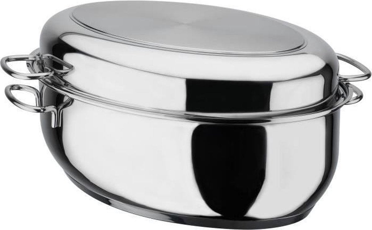 GSW - 411318 - Cocotte - Massief roestvrij staal 18/10 - 33 cm - 1 roestvrijstalen deksel + 1 glazen deksel met AROMA-handvat