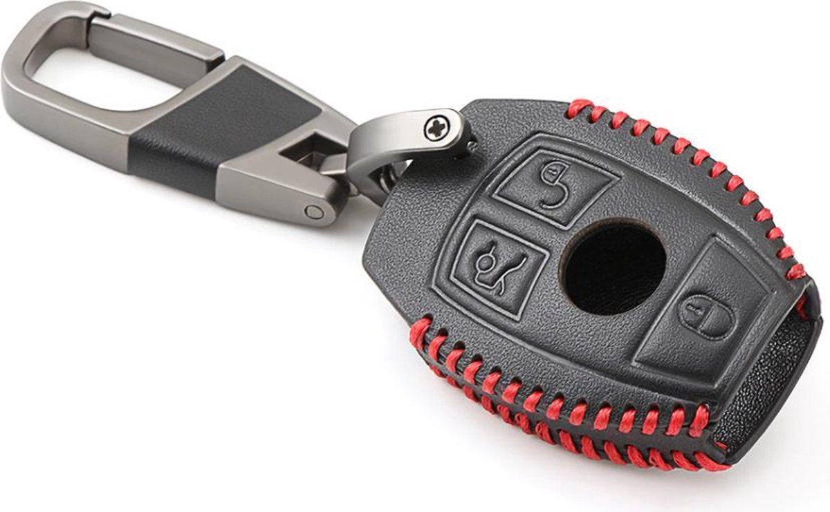 Voor Mercedes-Benz C-Klasse 3-knops B-versie Auto leder-sleutel Beschermhoes Sleutelhoes met sleutelring (leder zwart)