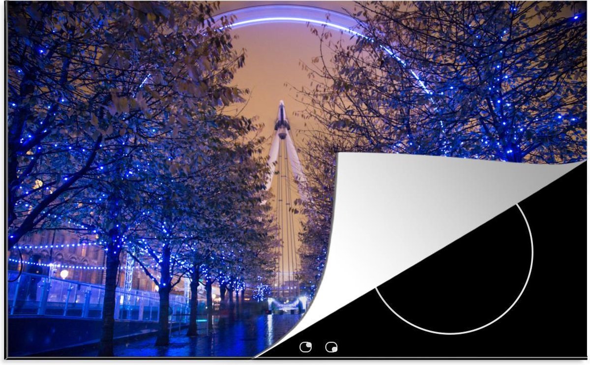 Luxe inductie beschermer London Eye - 80x52 cm - gekleurde London Eye tussen bomen in Londen  - inductiebeschermer