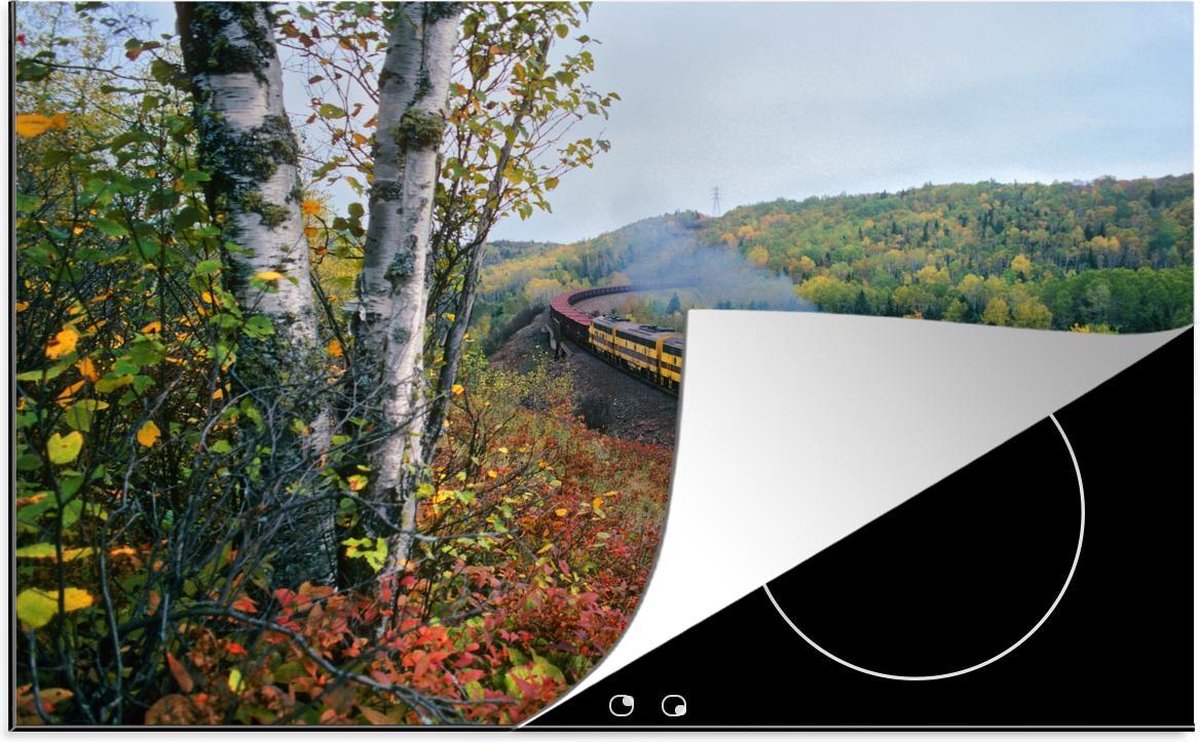 Luxe inductie beschermer Stoomtrein - 78x52 cm - gele stoomlocomotief in groen landschap  - inductiebeschermer