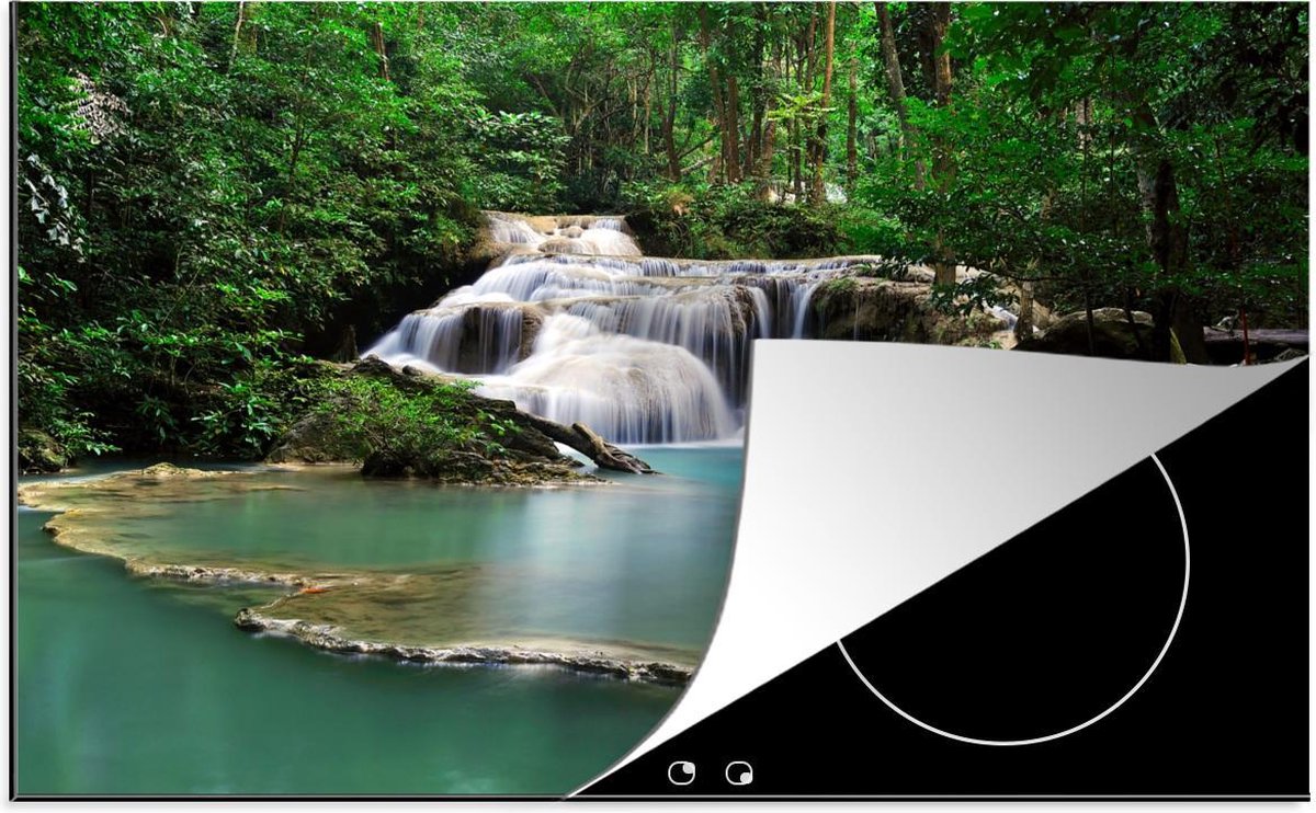 Luxe inductie beschermer Nationaal park Erawan - 80x52 cm - waterval met bomen in Thaise Nationaal park Erawan  - inductiebeschermer
