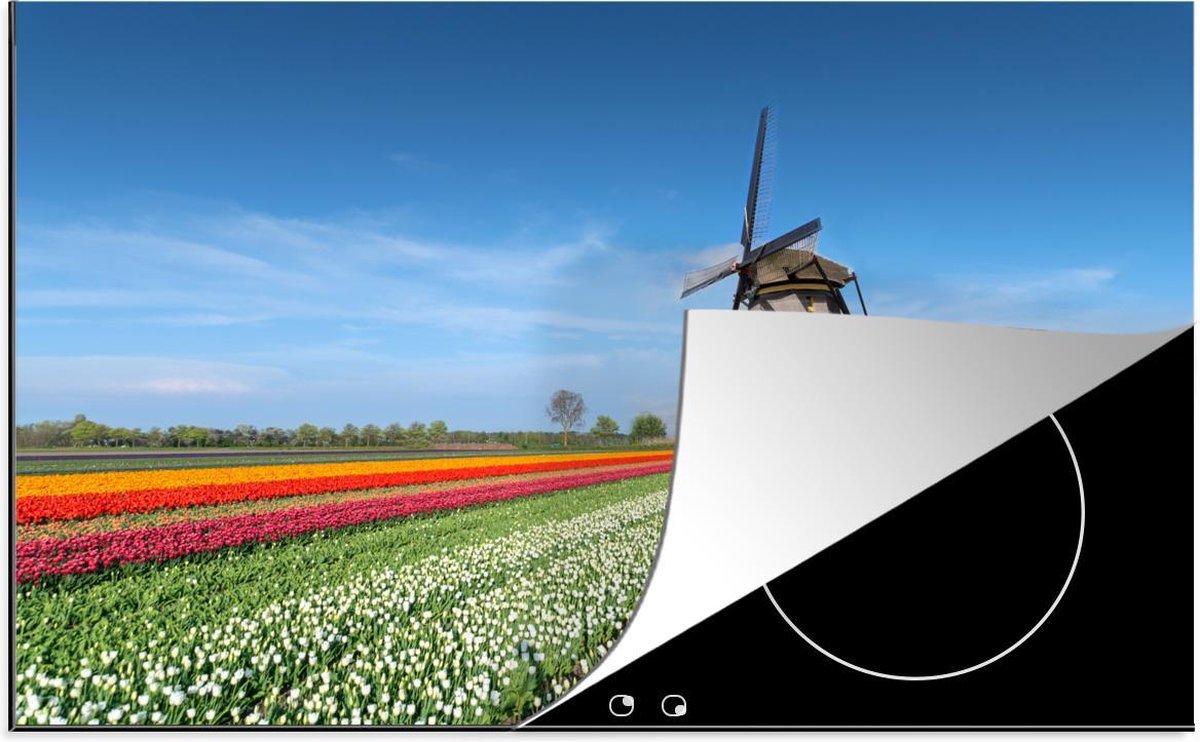Luxe inductie beschermer Landschappen Nederland - 80x52 cm - Molen tussen tulpen in Nederland  - inductiebeschermer