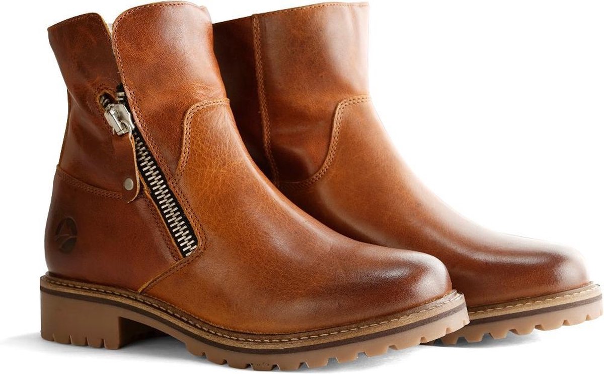 Travelin' Vartae - Stoere leren enkellaars - Dames - Wol gevoerd - Cognac Leer - Maat 41