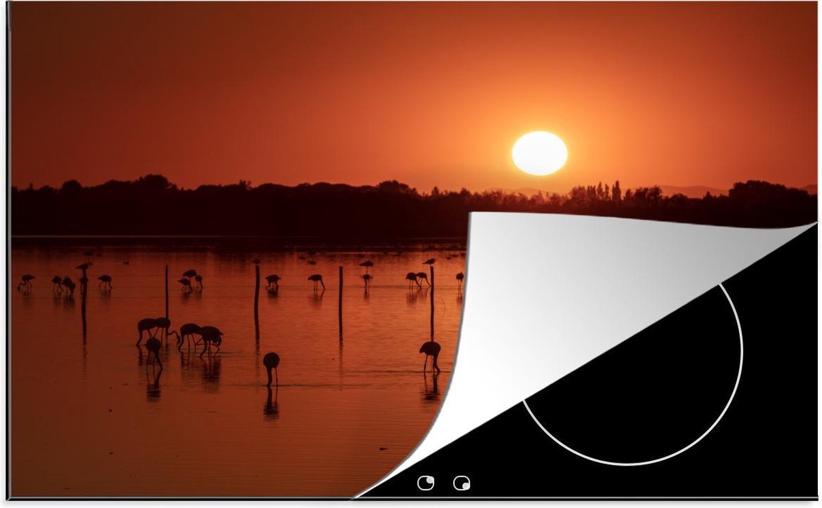Luxe inductie beschermer Camargue - 80x52 cm - Zonsondergang met flamingo's in Camargue  - inductiebeschermer
