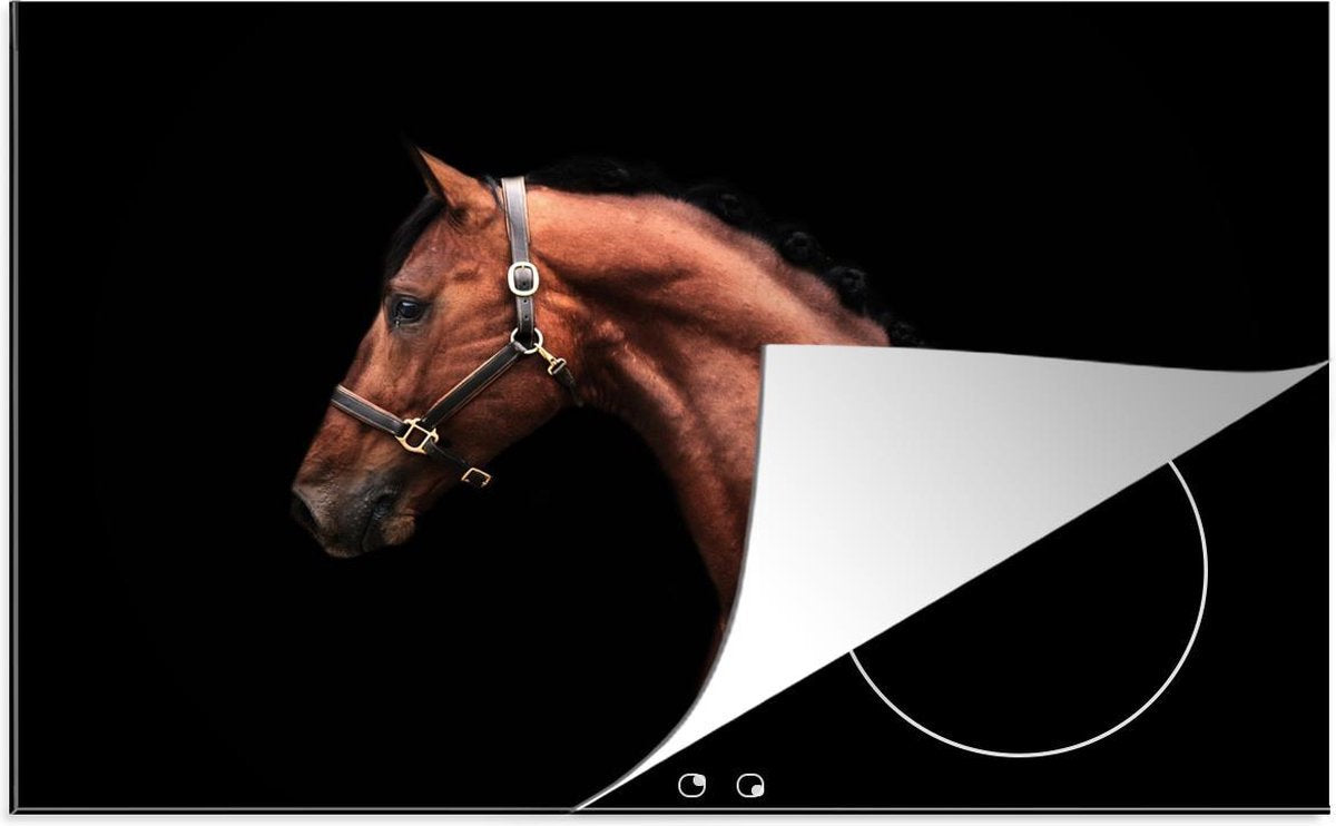 Luxe inductie beschermer Paarden  - 70x52 cm -  bruin paard op zwarte achtergrond  - inductiebeschermer