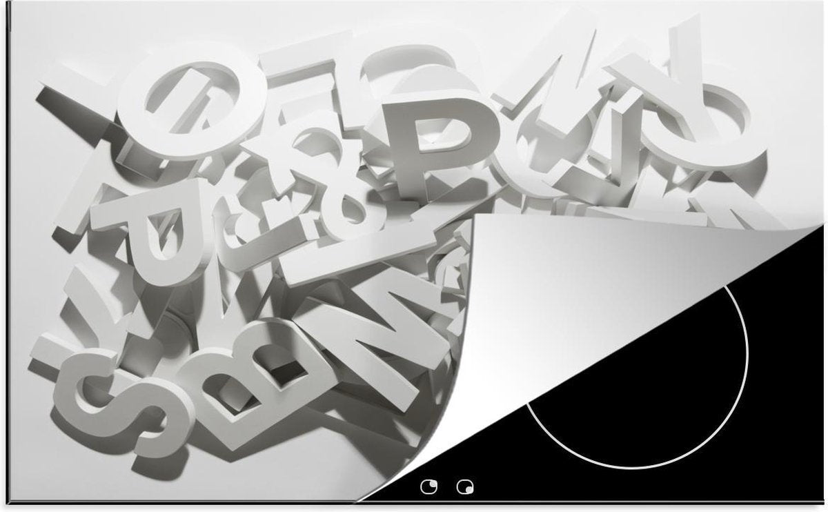 Luxe inductie beschermer Letters - 80x52 cm - stapel van verschillende witte blokletters uit alfabet  - inductiebeschermer