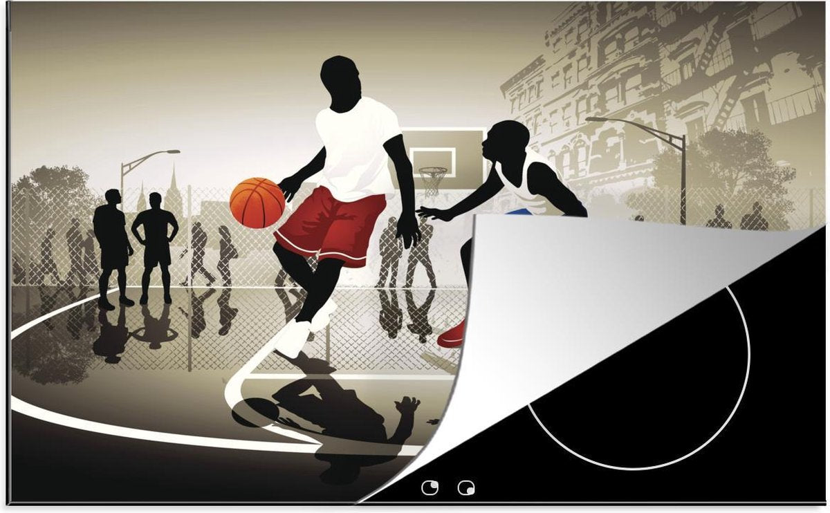 Luxe inductie beschermer Basketbal illustratie - 78x52 cm - illustratie van twee spelende basketballers op straat  - inductiebeschermer