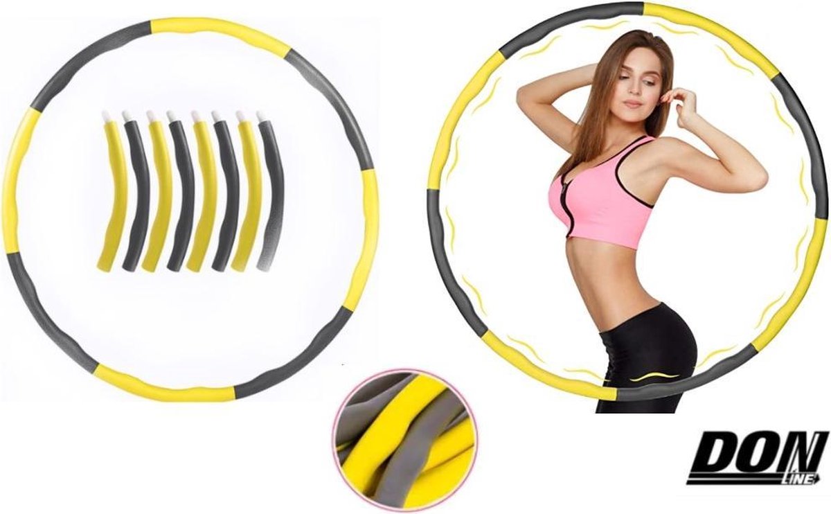 DONLINE Fitness Hoelahoep 1kg / Fitness Hoelahoep – Geel˞-Grijs met schuimrubber voor gewichtsvermindering – 8 segmenten afneembaar voor volwassenen + kinderen – Leuk vrouwen + mannen Cadeau / Sport Hula Hoop – Yoga Ring / Waist Trainer / Fitnessring