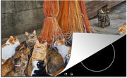 Luxe inductie beschermer Aoshima Katteneiland - 80x52 cm - Meerdere katten die om visnetten heen zitten op Aoshima  - inductiebeschermer