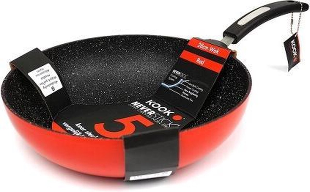 KOOK Neverstick wok/hapjespan 28 cm rood