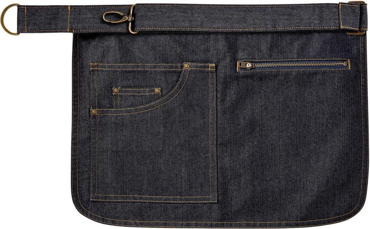 Metro  Apron INDIGO DENIM PR138  Met een tabletzak in jeansstijl en een ritszak. Regelbare riem met sluithaak in antiek messing en een D-ring.