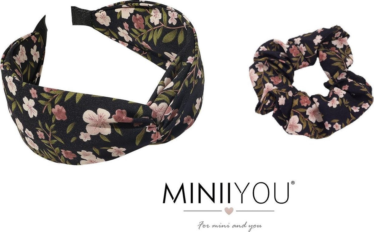 Set Dames Haarband Diadeem gebloemd zwart + zwart scrunchy elastiek