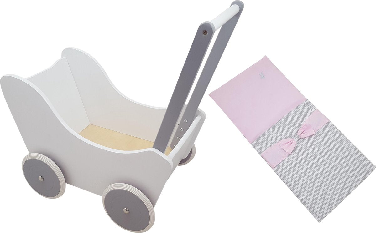 Playwood - Houten Poppenwagen wit met zilver - inclusief grijs met roze dekje