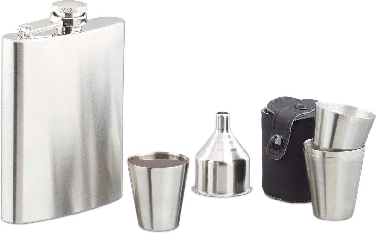 Luxe RVS Heupfles set incl. bekers - Drinkflacon - Platvink - Zakfles - Festivalbeker - 7-delig