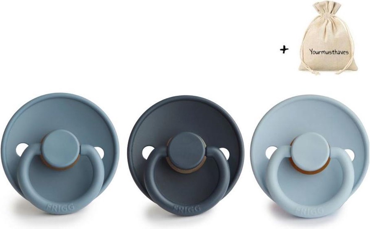 FRIGG | Fopspeen set 3 stuks | T1 | 0-6 maanden | Classic | Natuurrubber | Glacier Blue + Slate + Baby Blue | Met YOURMUSTHAVES speenzakje