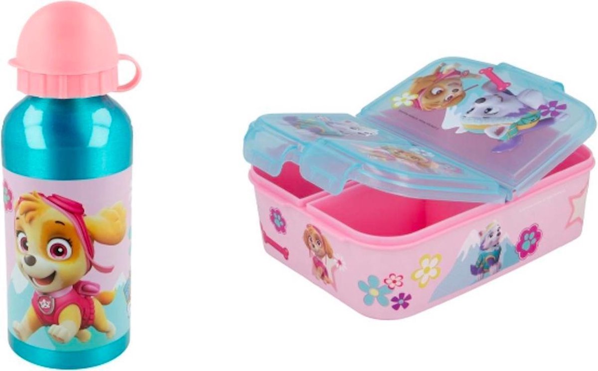 Paw Patrol Skye 3 vaks brooddoos - broodtrommel (18 cm - 13 cm - 6 cm) + Aluminium Drinkfles (17 cm hoog - 400 ml)