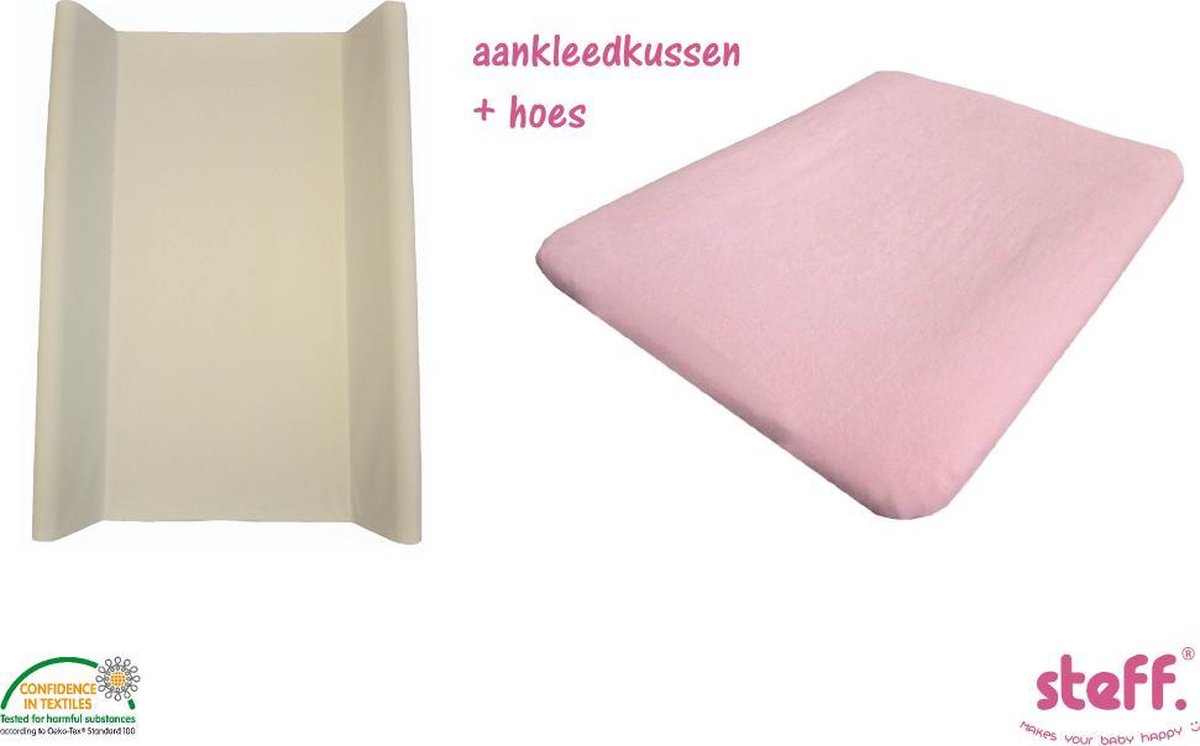 Steff - set - aankleedkussen - met opstaande randen - wit - 50x70 cm + aankleedkussenhoes roze pastel