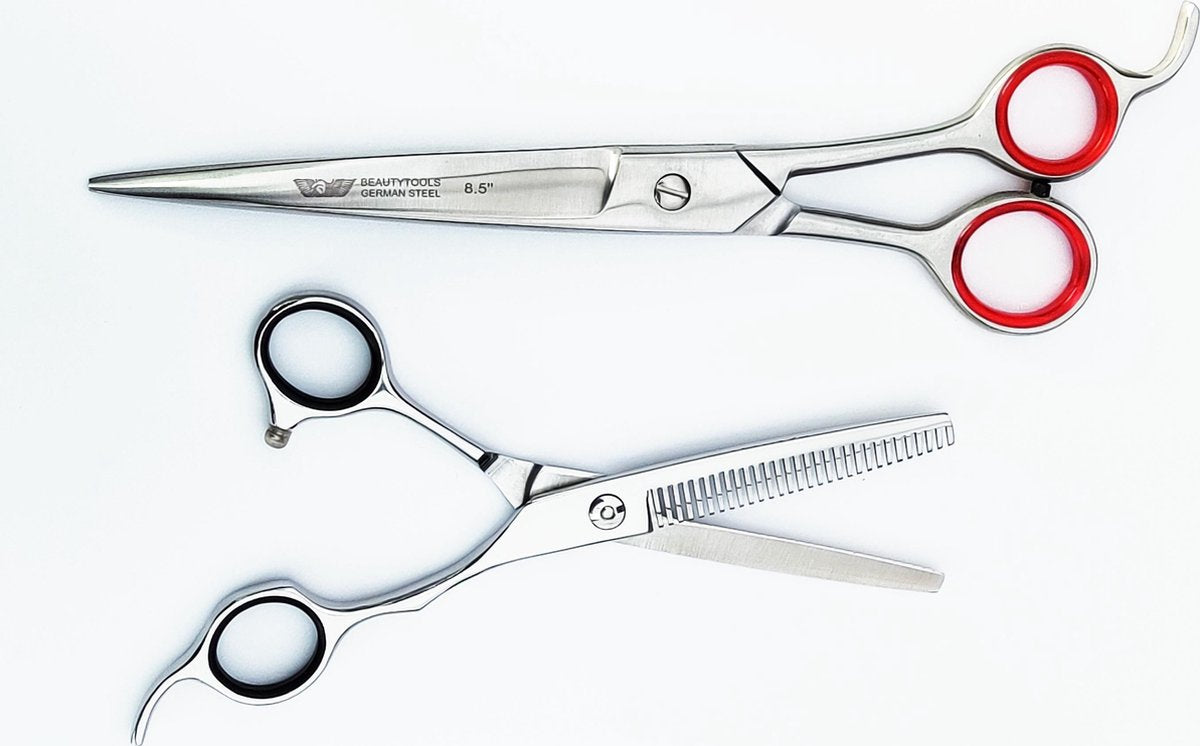 Beautytools GOLD LINE Professionele SET Hondenschaar Knipschaar Gebogen (8.5 inch) + Fijne Uitdunschaar voor honden(incl. opberghoes)