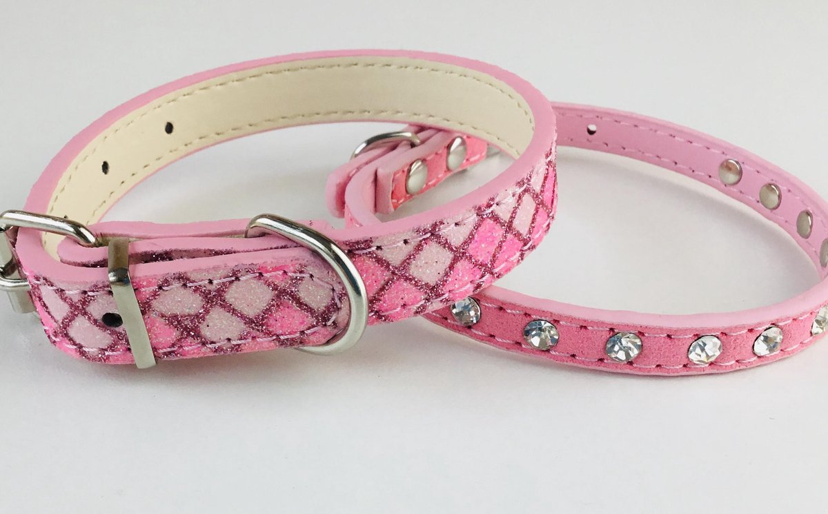 Hondenhalsbanden Leer - 2 stuks - Roze - XS - Nekomvang 20 tot 26 CM - Strass