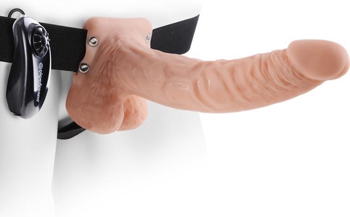 9" Vibrating Hollow Strap-On with Balls - Flesh - Strap On Vibrators -