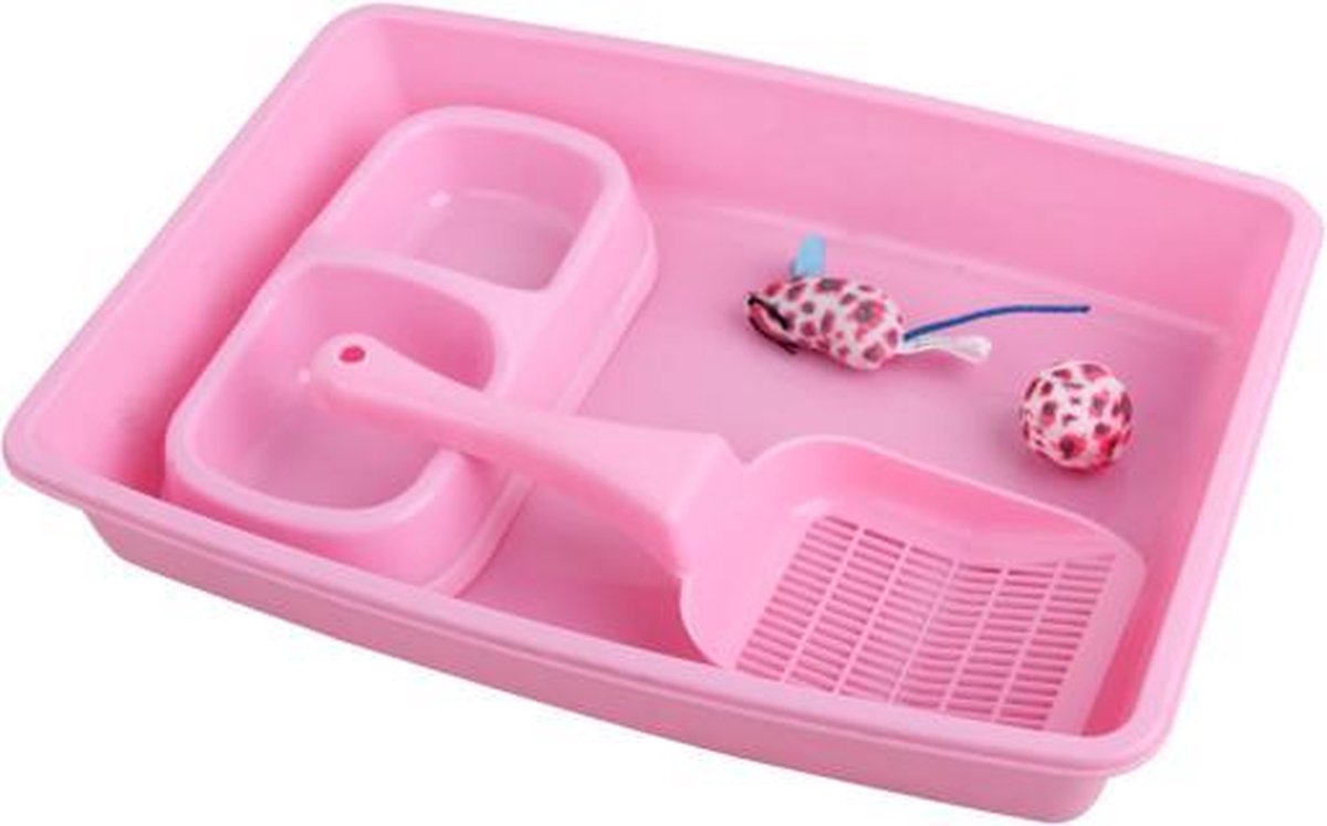 RelaxPets - Kitten Starterskit - Kitten Box - Kitten Begin Set - PetBox - Alles in één - Goede start - Kitten - Kattenbak - Schepje - Speeltje - Voer en Waterbak - Roze - 6.5x27x36.5cm