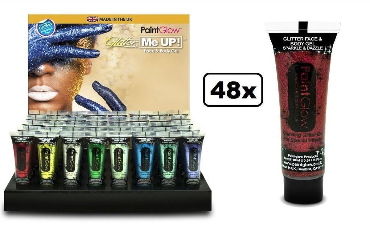 48x Glitter Face & Body gel 10 ml assortie in display