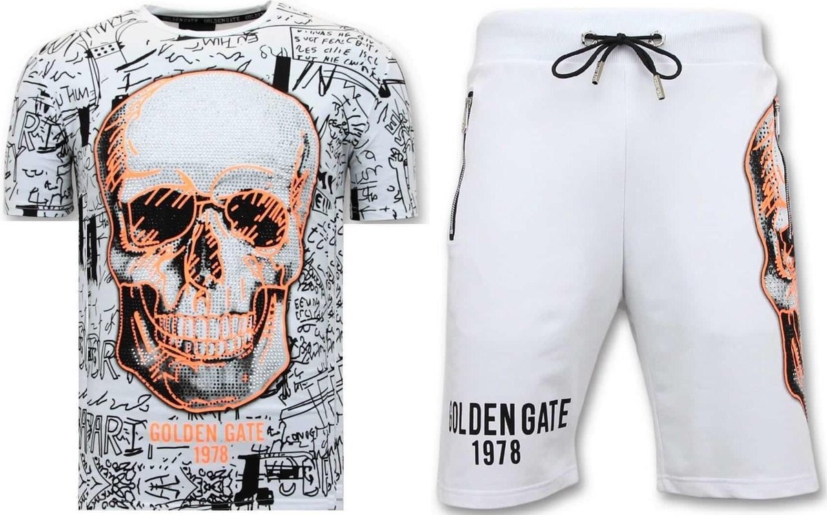 ENOS Joggingpak Kort - Doodskop Neon Print - F7356/7 - Wit - Maat: M
