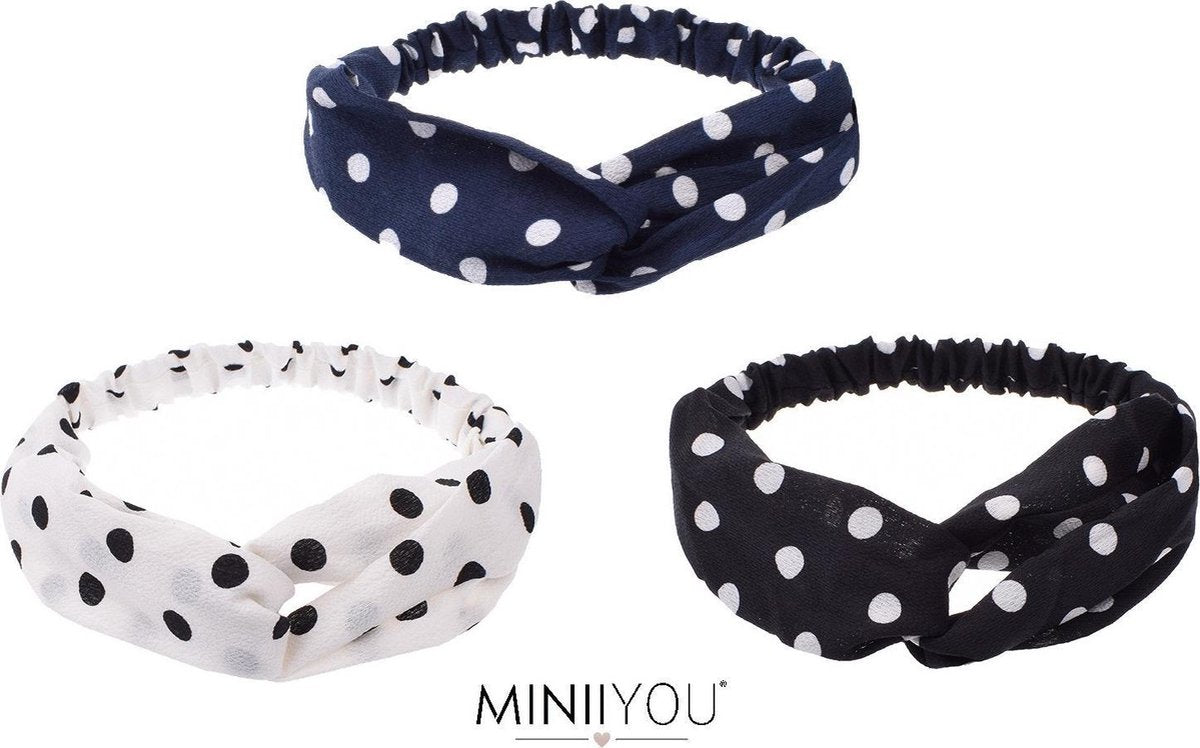 MINIIYOU® Set 3 stuks | Gestipte dames haarbanden zwart wit blauw | haarbandjes met stippen tieners - volwassenen - meiden