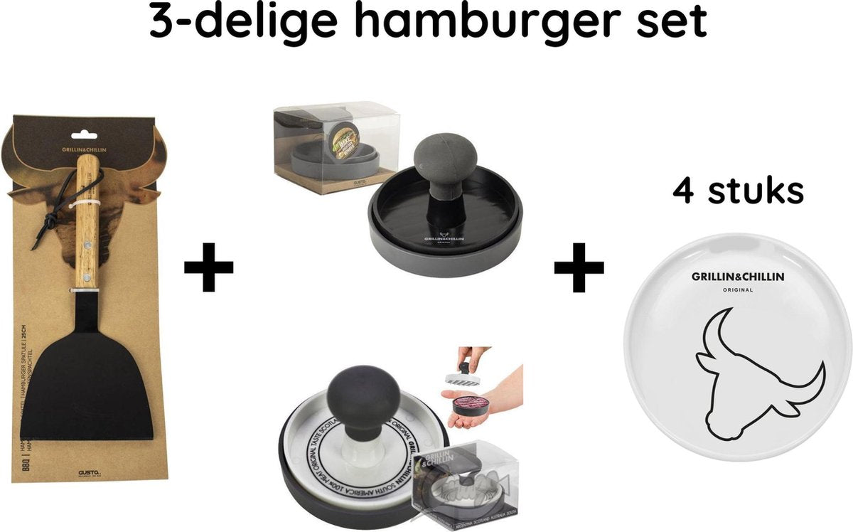 3-Delige hamburger set - incl. BBQ hamburger spatel + Hamburgermaker + Hamburger bord 15cm