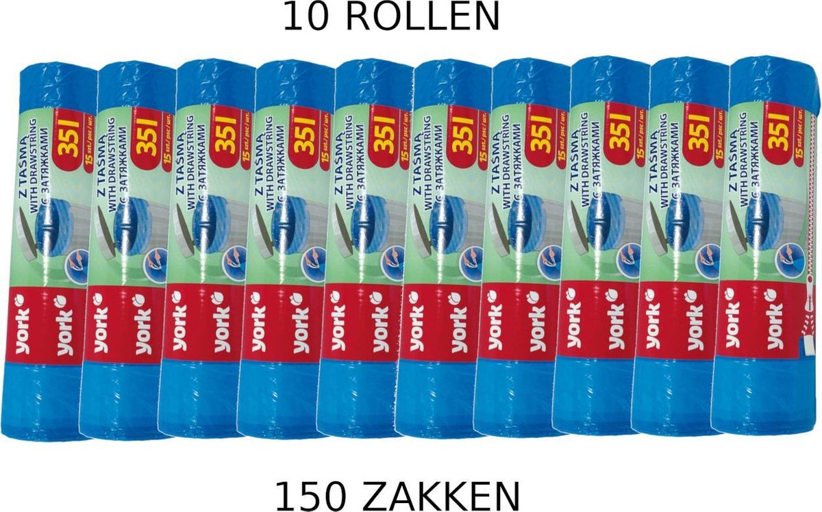 Afvalzakken met trekband | Inhoud 35l | 10 rollen = 150 zakken | Voordeelverpakking | 50 x 60cm | Extra sterk 15µm | Vuilniszakken