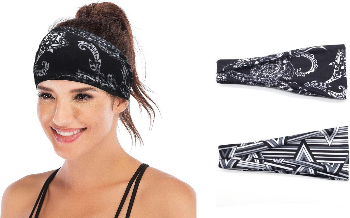 2-pack Dames sport haarbanden zwart gebloemd en gestreept - yoga haarbanden - dames fitness hoofdband | Zweetband