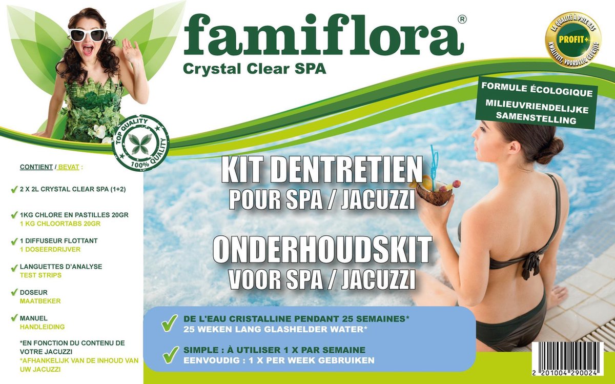 Onderhoudskit voor Spa & Jacuzzi - Crystal Clear - 25 weken lang glashelder water! - Chloor + vlotter + teststrips + Crystal clear 2x2L