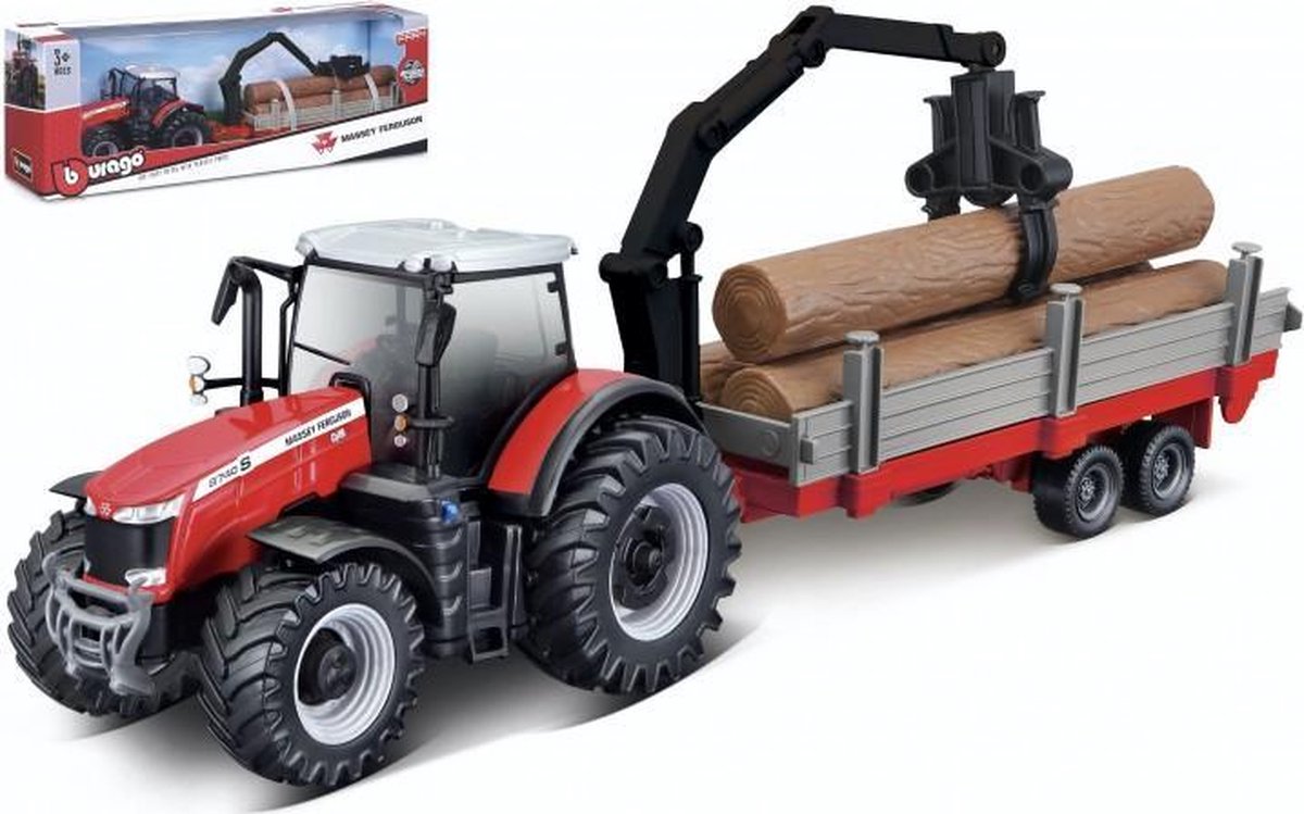 Bburago Massey Ferguson 8740S  + TREE FORWARDER rood modelauto schaalmodel 10 CM