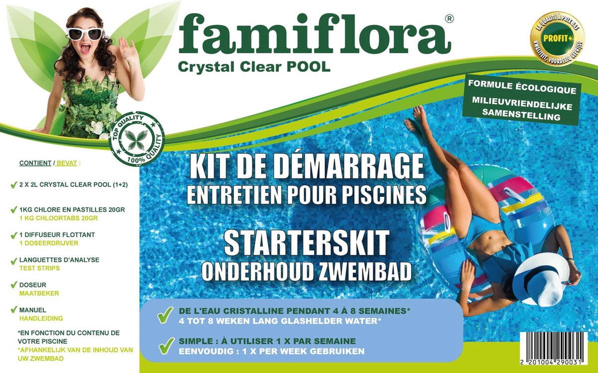 Starterskit onderhoud zwembad - tot 8 weken glashelder water - chloor + vlotter + teststrips + crystal clear 2x2L