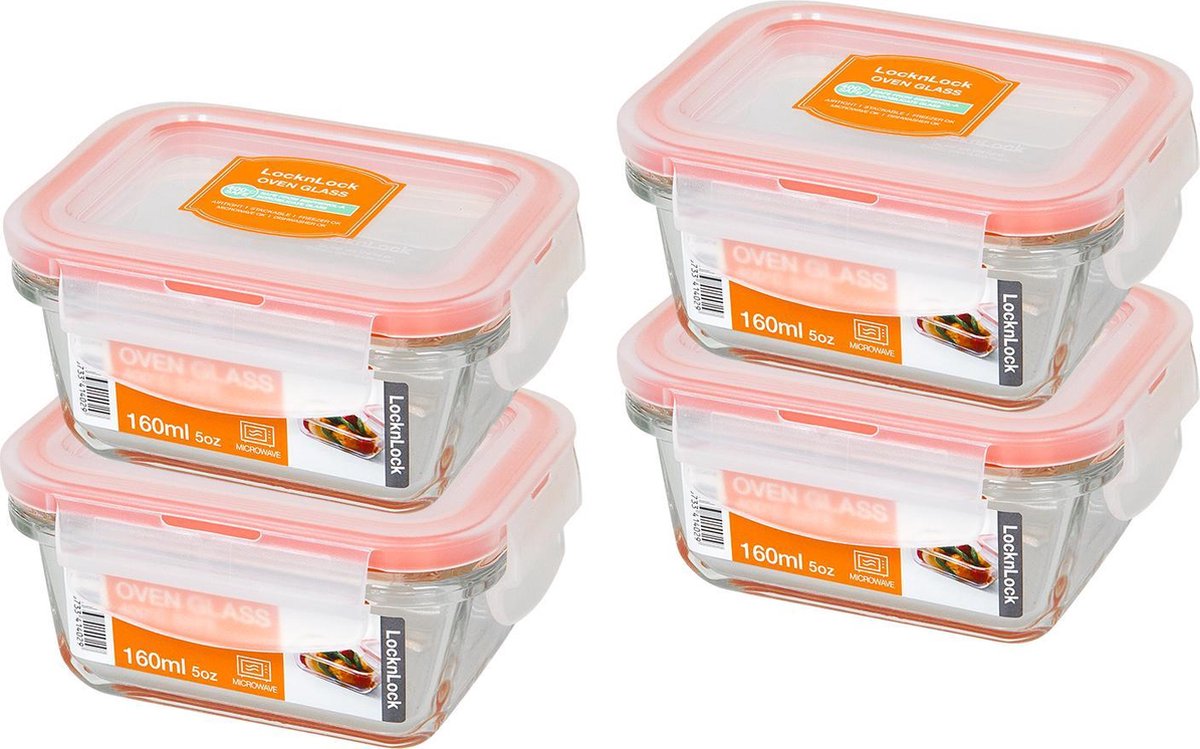 Lock&Lock Glazen (mini) vershoudbakjes | ovenschaaltjes met deksel - Set van 4 stuks - 160ml - 11 x 9 cm